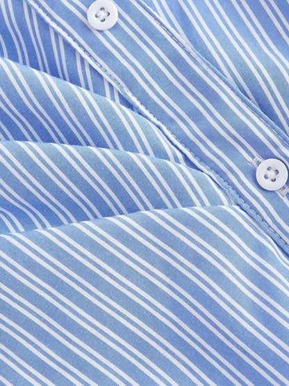 Womens Blue amp White Striped Turndown Collar FoldOver Long Sleeve Business Business Casual
