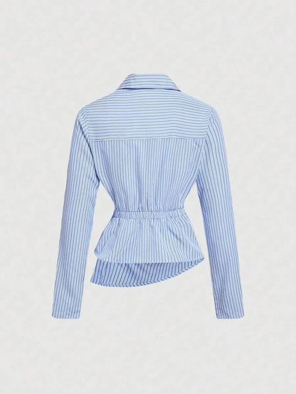 Womens Blue amp White Striped Turndown Collar FoldOver Long Sleeve Business Business Casual