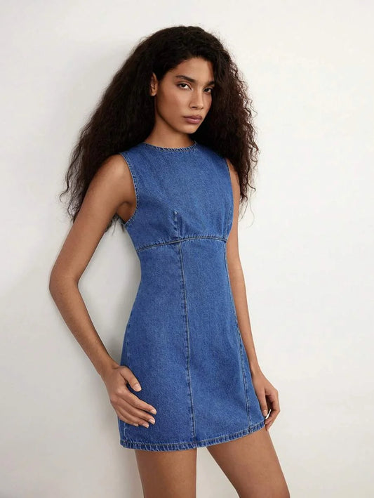 Womens Blue Denim Dress Classic Crew Neck Waist Dress Summer Dress