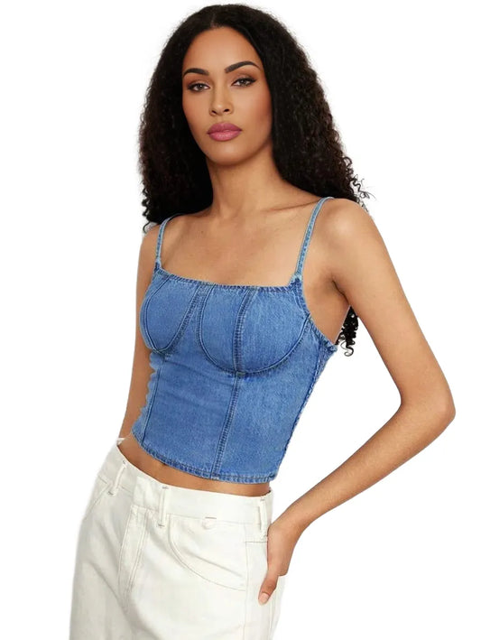 Womens Blue Denim Tank Top Elastic Back Sexy Camisole Top Music Festival Outfits
