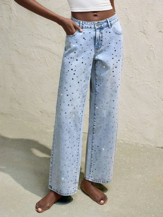 Womens Blue Jeans Low Rise Straight Leg Pants Sparkling Sequins Spring And Summer Jeans