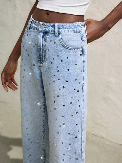Womens Blue Jeans Low Rise Straight Leg Pants Sparkling Sequins Spring And Summer Jeans