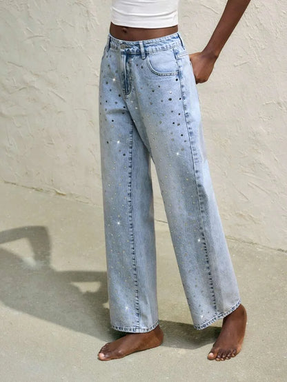 Womens Blue Jeans Low Rise Straight Leg Pants Sparkling Sequins Spring And Summer Jeans