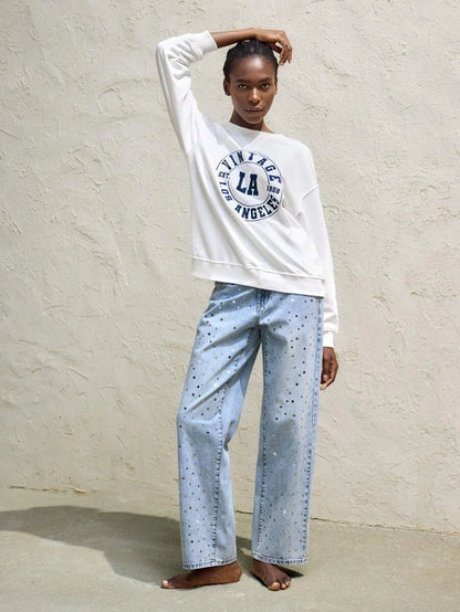 Womens Blue Jeans Low Rise Straight Leg Pants Sparkling Sequins Spring And Summer Jeans