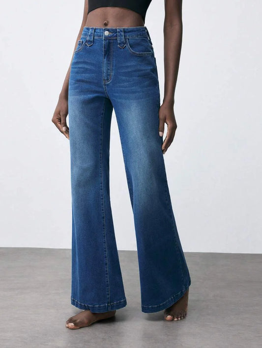 Womens Blue Stretchy Denim Slim Fit Flared Jeans