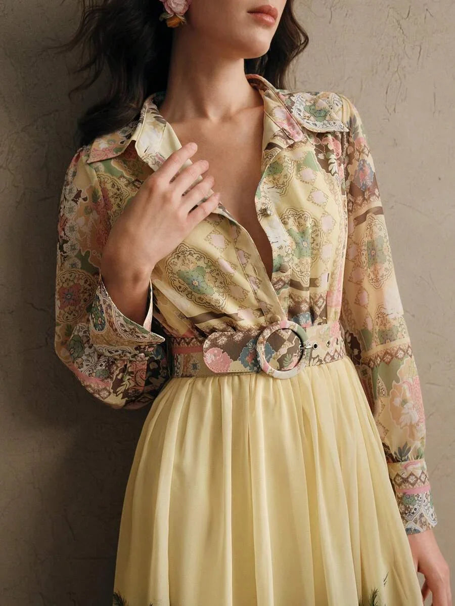 Womens Bohemian Floral Print Long Sleeve Cinched Waist Maxi Dress Spring Vacation Outfits Floral