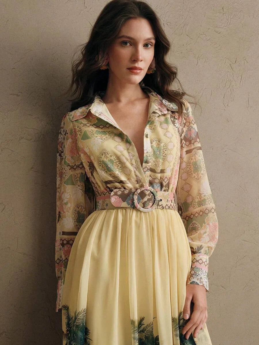 Womens Bohemian Floral Print Long Sleeve Cinched Waist Maxi Dress Spring Vacation Outfits Floral