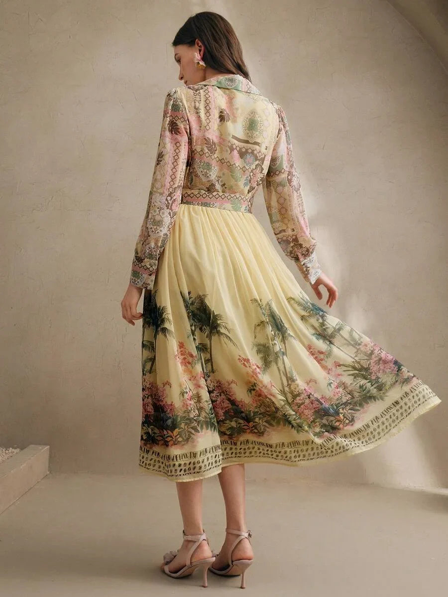 Womens Bohemian Floral Print Long Sleeve Cinched Waist Maxi Dress Spring Vacation Outfits Floral