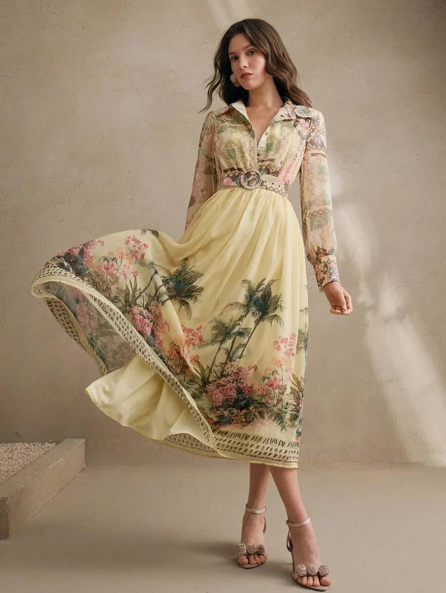 Womens Bohemian Floral Print Long Sleeve Cinched Waist Maxi Dress Spring Vacation Outfits Floral