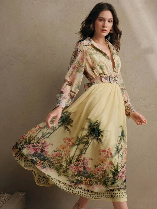 Womens Bohemian Floral Print Long Sleeve Cinched Waist Maxi Dress Spring Vacation Outfits Floral
