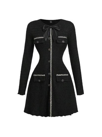 Womens Bow Decor Red Retro Knit Long Sleeve Mini DressNew Year Eve Dress DressHoliday DressWinter