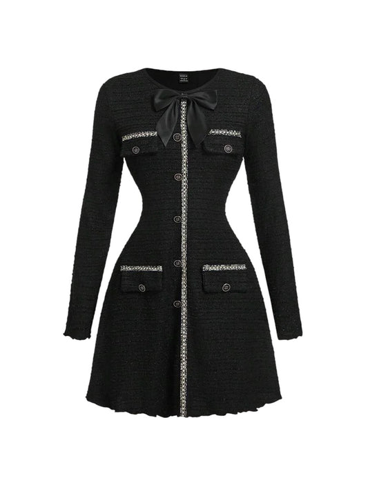 Womens Bow Decor Red Retro Knit Long Sleeve Mini DressNew Year Eve Dress DressHoliday DressWinter