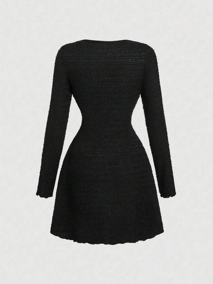 Womens Bow Decor Red Retro Knit Long Sleeve Mini DressNew Year Eve Dress DressHoliday DressWinter