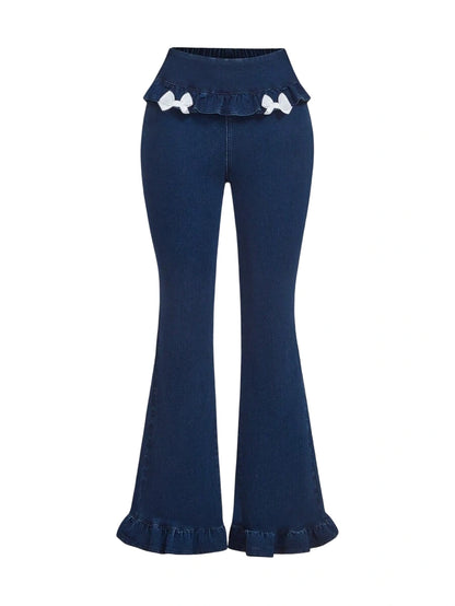 Womens Bow Decor Ruffle Trim Patchwork Flare Leg Jeans