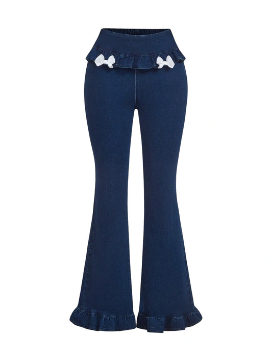 Womens Bow Decor Ruffle Trim Patchwork Flare Leg Jeans