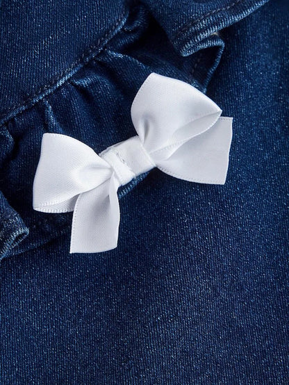 Womens Bow Decor Ruffle Trim Patchwork Flare Leg Jeans