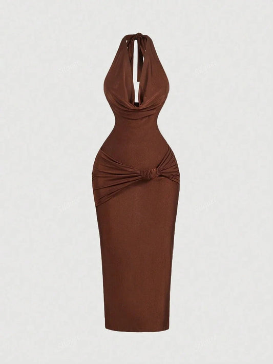 Womens Brown Draped Neck FormFitting Midi Dress Elegant DressFormal DressNew Years Eve Dress