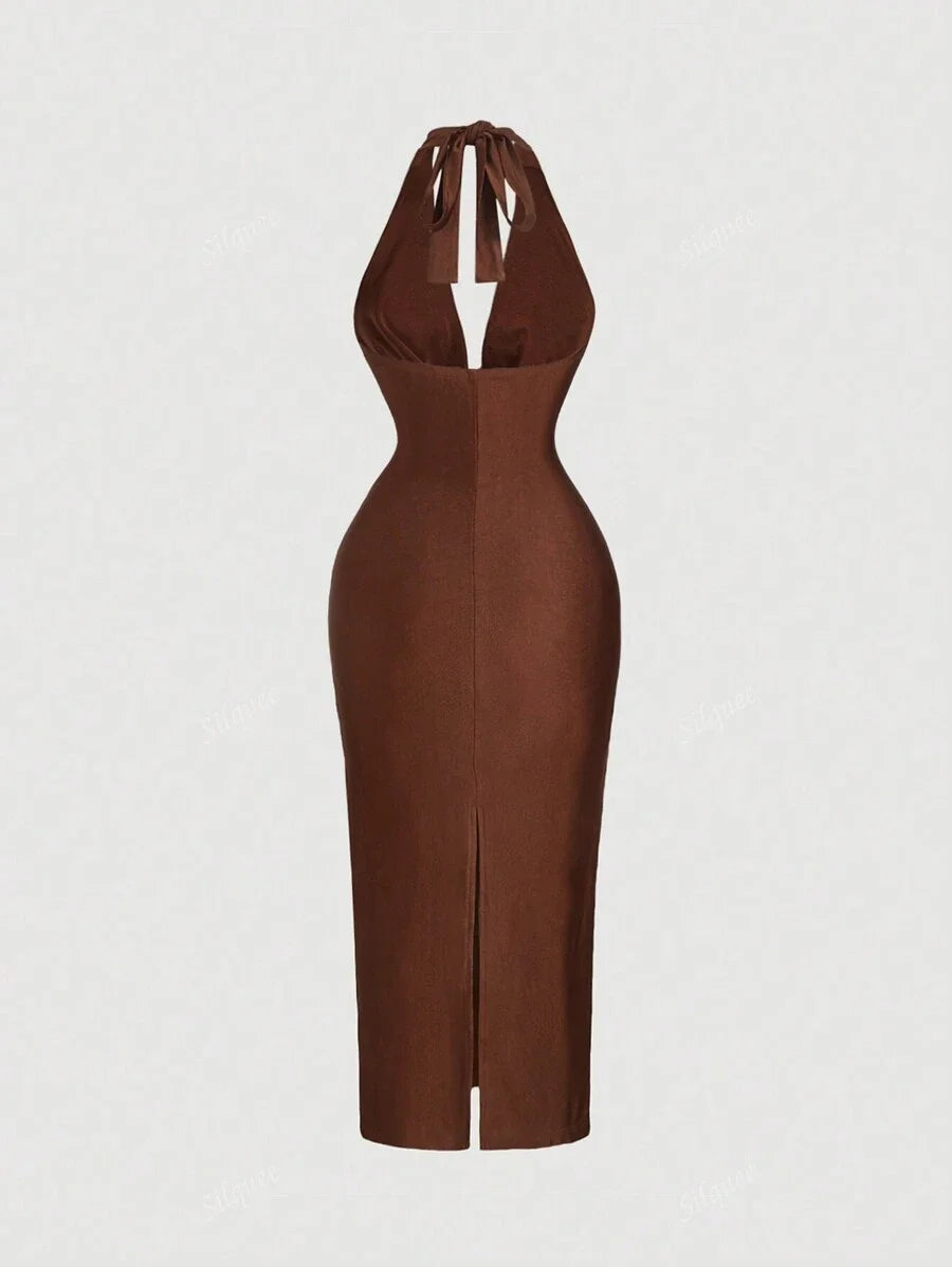 Womens Brown Draped Neck FormFitting Midi Dress Elegant DressFormal DressNew Years Eve Dress
