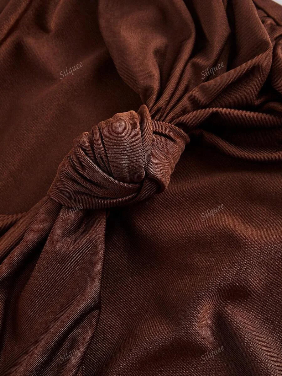 Womens Brown Draped Neck FormFitting Midi Dress Elegant DressFormal DressNew Years Eve Dress