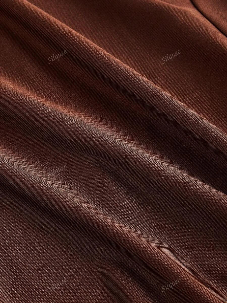 Womens Brown Draped Neck FormFitting Midi Dress Elegant DressFormal DressNew Years Eve Dress