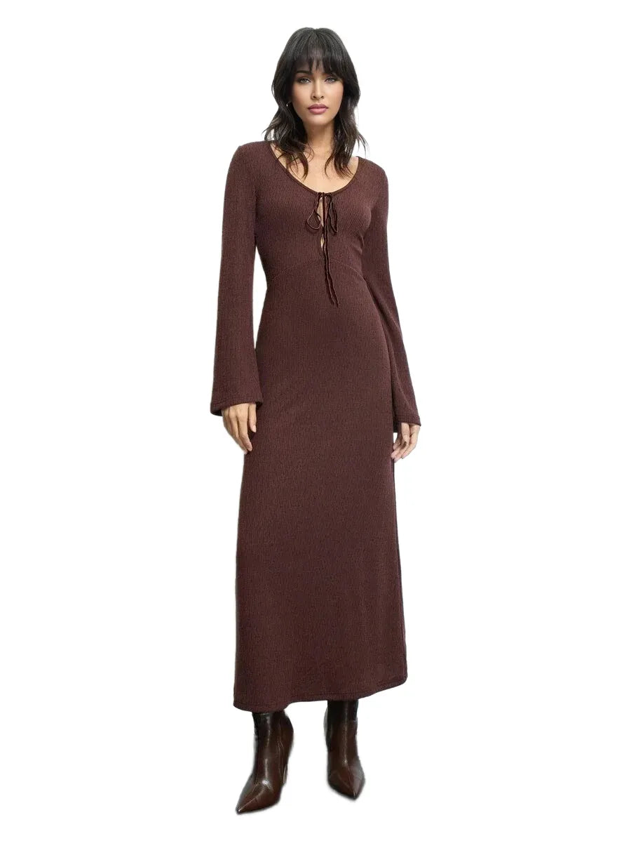 Womens Brown Open Back Dress Versatile Modern PartyGathering Outfit With Crisscross Tie Front