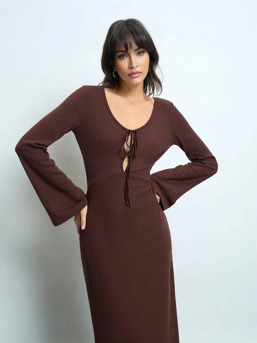 Womens Brown Open Back Dress Versatile Modern PartyGathering Outfit With Crisscross Tie Front