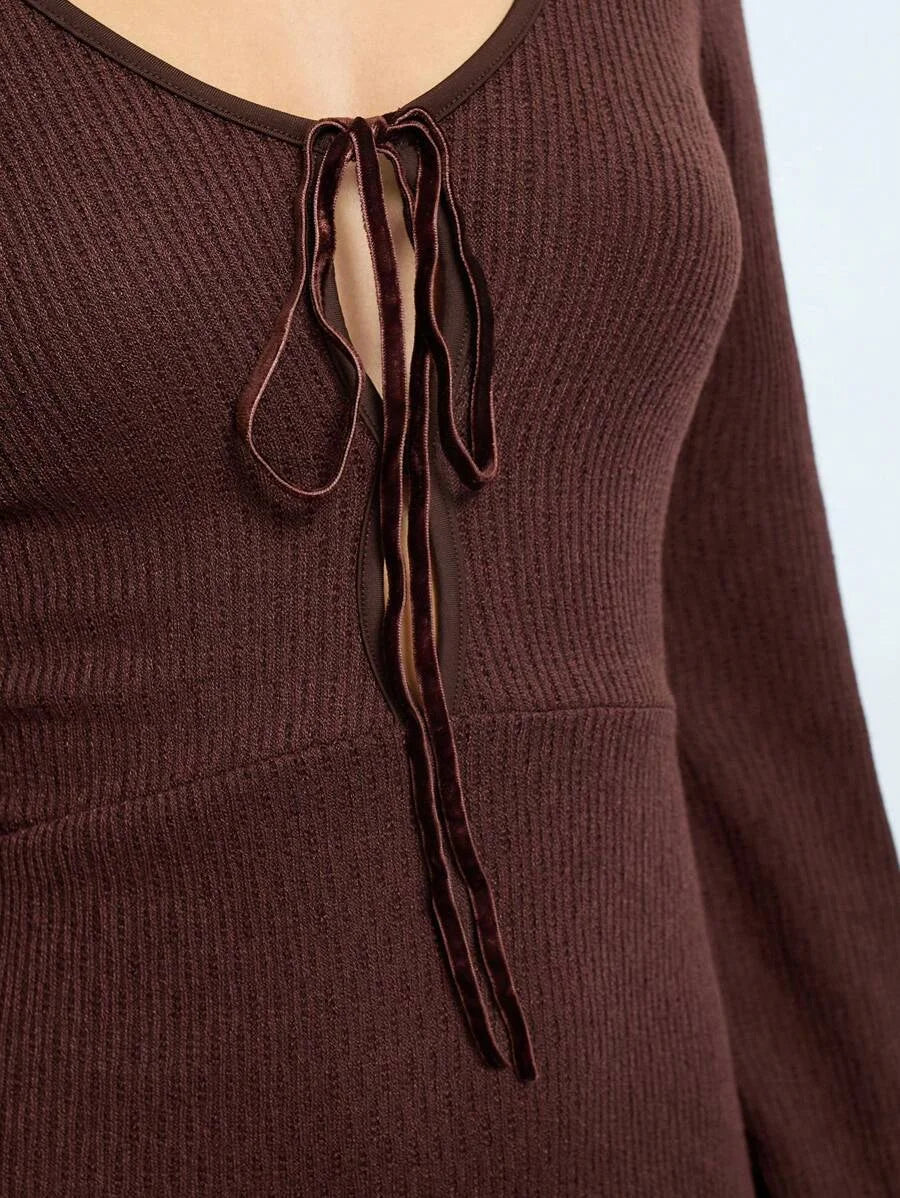 Womens Brown Open Back Dress Versatile Modern PartyGathering Outfit With Crisscross Tie Front