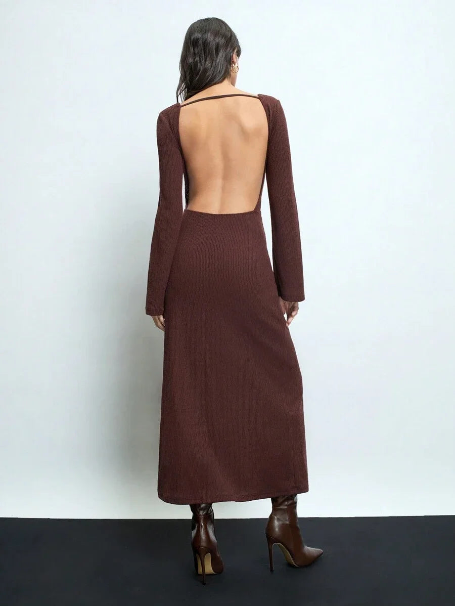 Womens Brown Open Back Dress Versatile Modern PartyGathering Outfit With Crisscross Tie Front