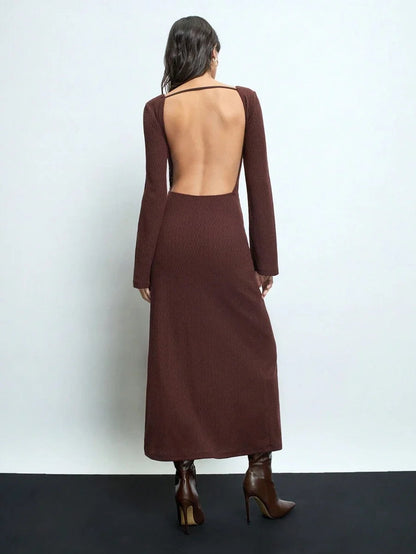 Womens Brown Open Back Dress Versatile Modern PartyGathering Outfit With Crisscross Tie Front