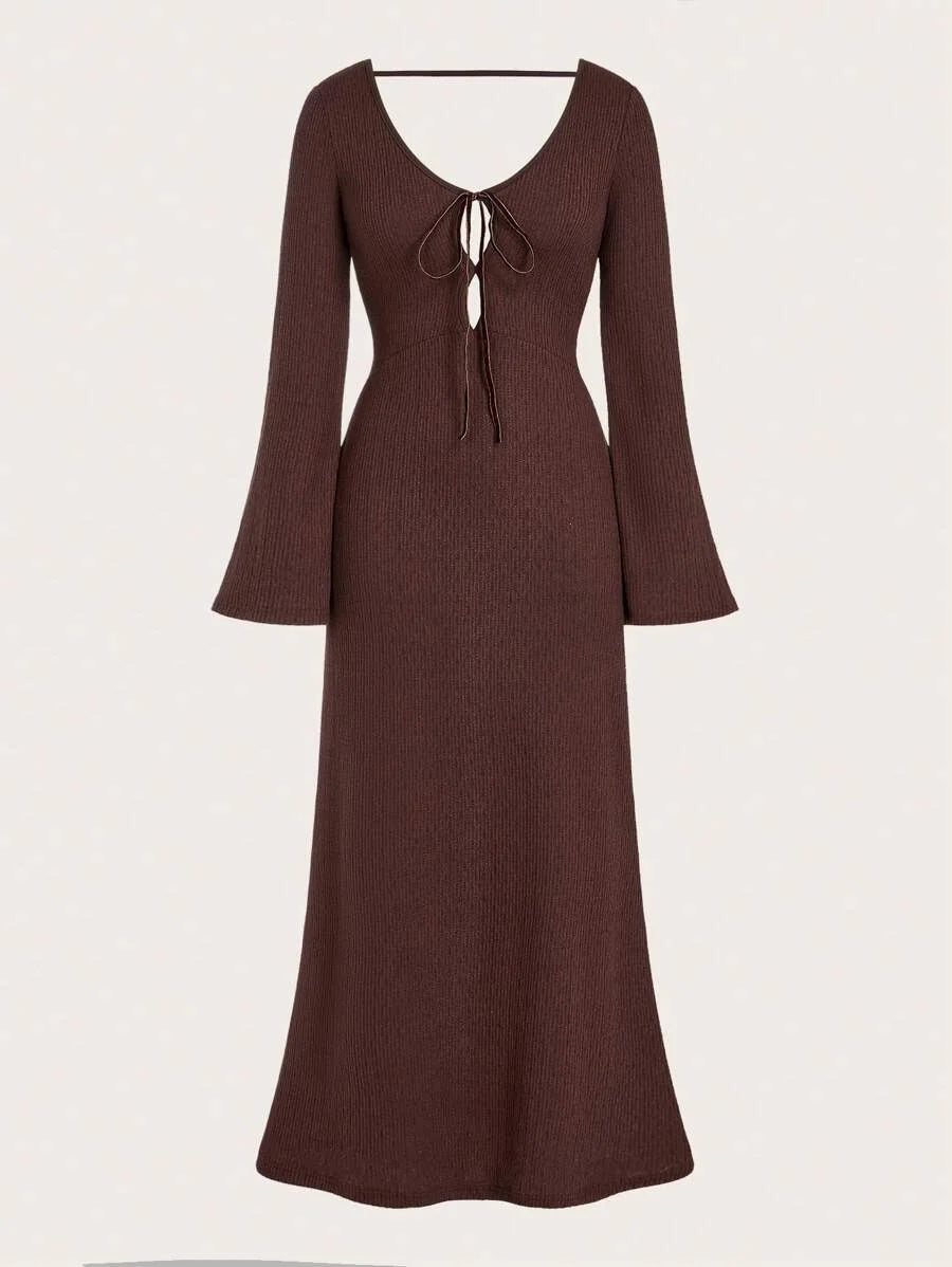 Womens Brown Open Back Dress Versatile Modern PartyGathering Outfit With Crisscross Tie Front