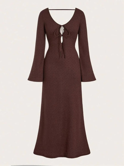 Womens Brown Open Back Dress Versatile Modern PartyGathering Outfit With Crisscross Tie Front