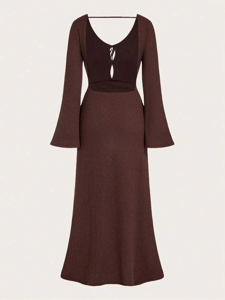 Womens Brown Open Back Dress Versatile Modern PartyGathering Outfit With Crisscross Tie Front