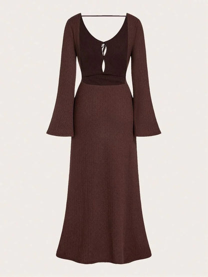 Womens Brown Open Back Dress Versatile Modern PartyGathering Outfit With Crisscross Tie Front