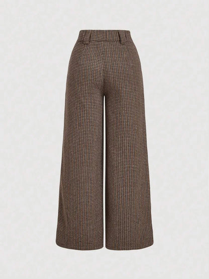 Womens Brown Tweed Cargo Pocket Wide Leg Pants Long Trousers For WinterBrown PantsWomen Dress