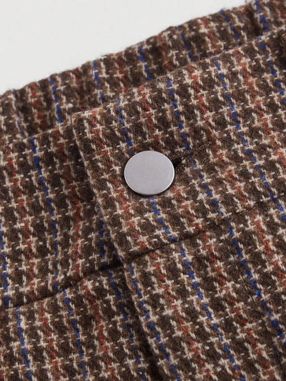 Womens Brown Tweed Cargo Pocket Wide Leg Pants Long Trousers For WinterBrown PantsWomen Dress