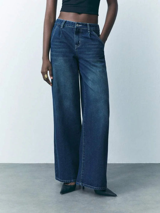 Womens Button Waist Strap Casual Straight Leg Jeans Streetwear Trousers