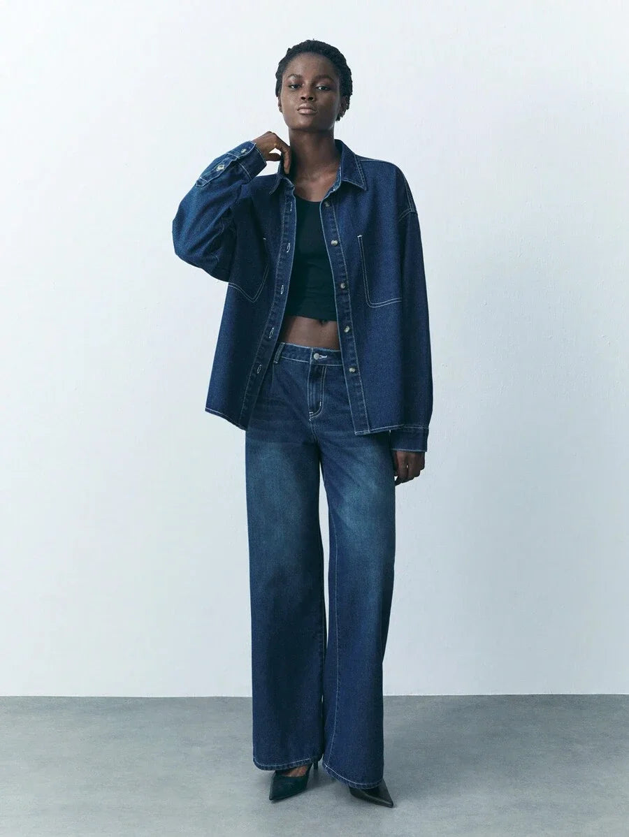 Womens Button Waist Strap Casual Straight Leg Jeans Streetwear Trousers