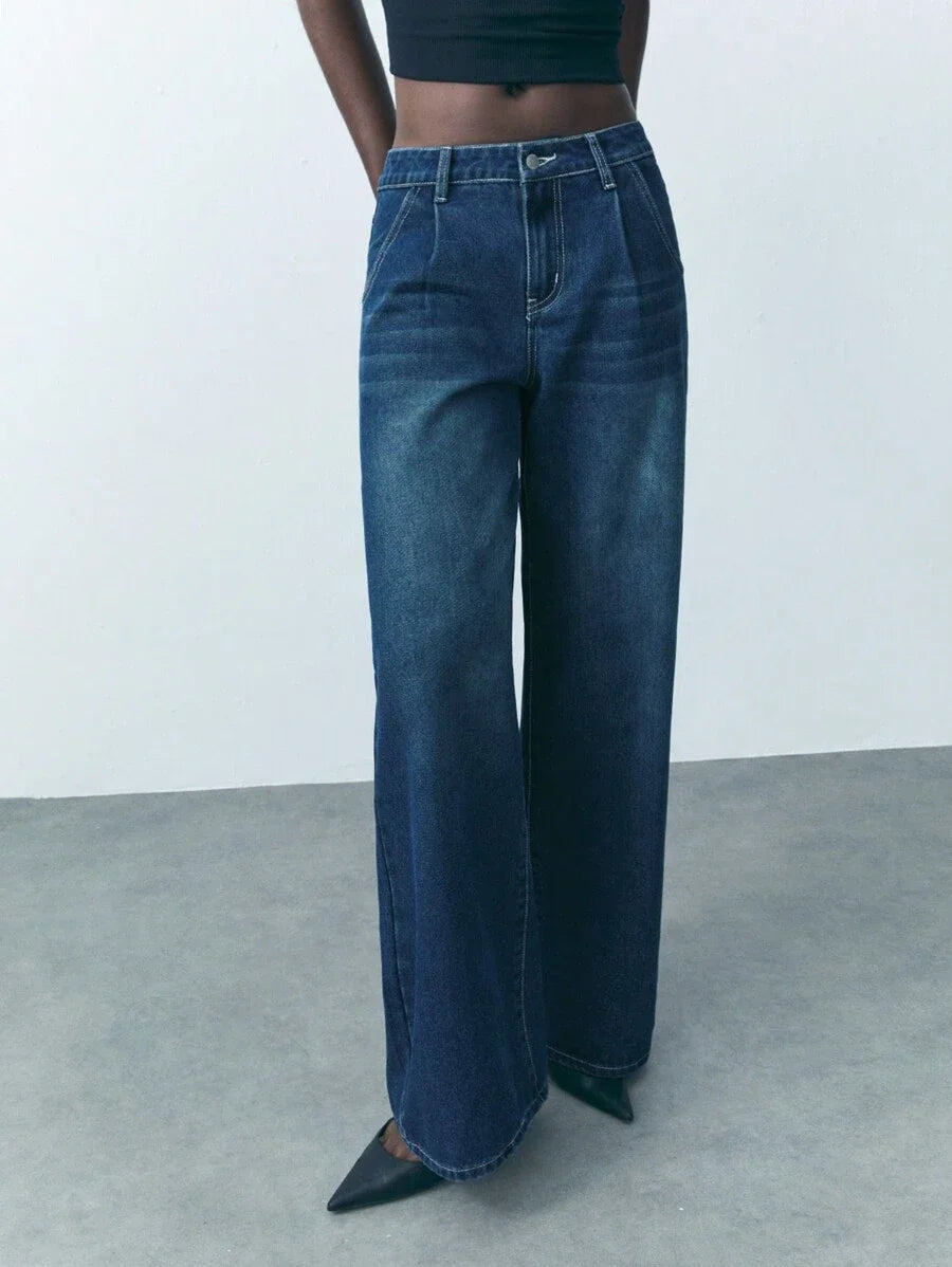 Womens Button Waist Strap Casual Straight Leg Jeans Streetwear Trousers