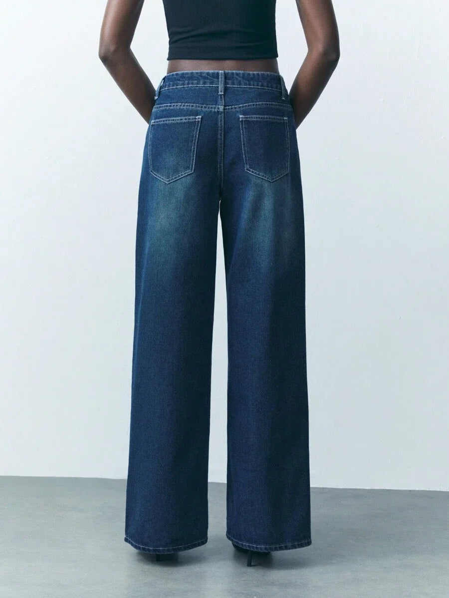 Womens Button Waist Strap Casual Straight Leg Jeans Streetwear Trousers