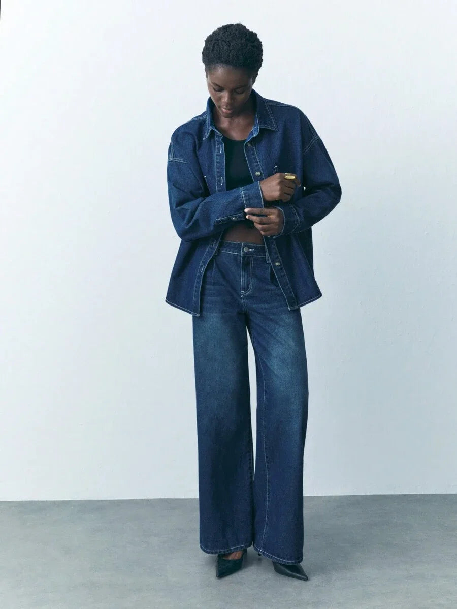 Womens Button Waist Strap Casual Straight Leg Jeans Streetwear Trousers