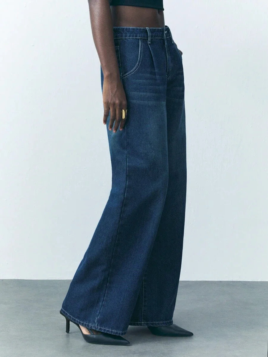 Womens Button Waist Strap Casual Straight Leg Jeans Streetwear Trousers