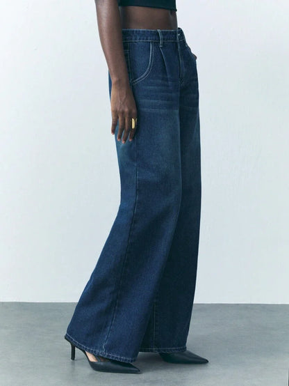 Womens Button Waist Strap Casual Straight Leg Jeans Streetwear Trousers