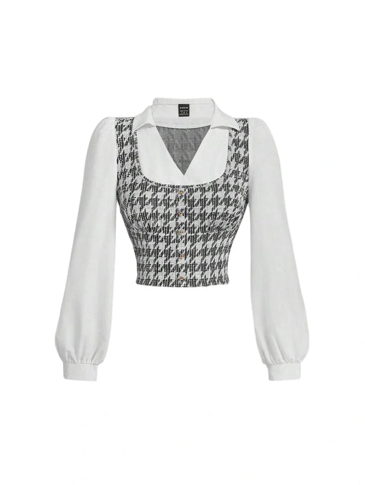 Womens Crop Top Casual Contrast Collar Patchwork Houndstooth Shirt