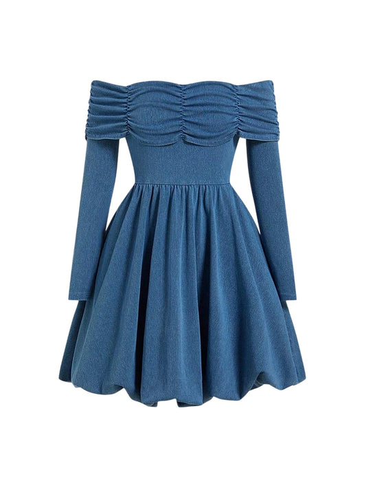Womens Casual Denim Bodycon Mini Dress Off Shoulder Long Sleeve Blue