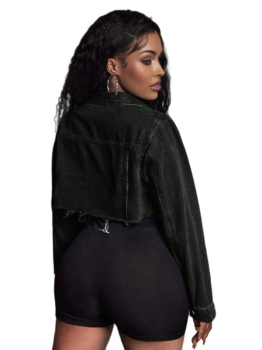 Womens Casual Distressed Cropped Denim Jacket