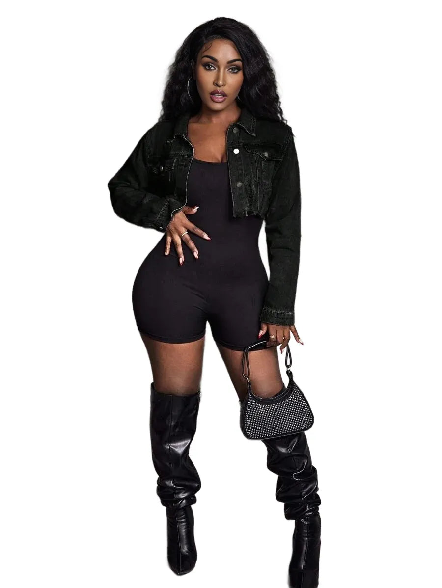 Womens Casual Distressed Cropped Denim Jacket