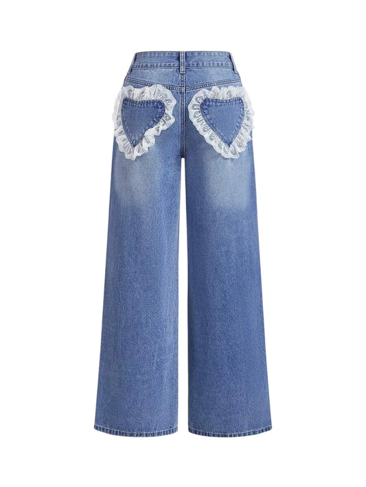 Womens Casual Distressed Denim Jeans With Lace Heart Trim