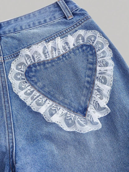 Womens Casual Distressed Denim Jeans With Lace Heart Trim