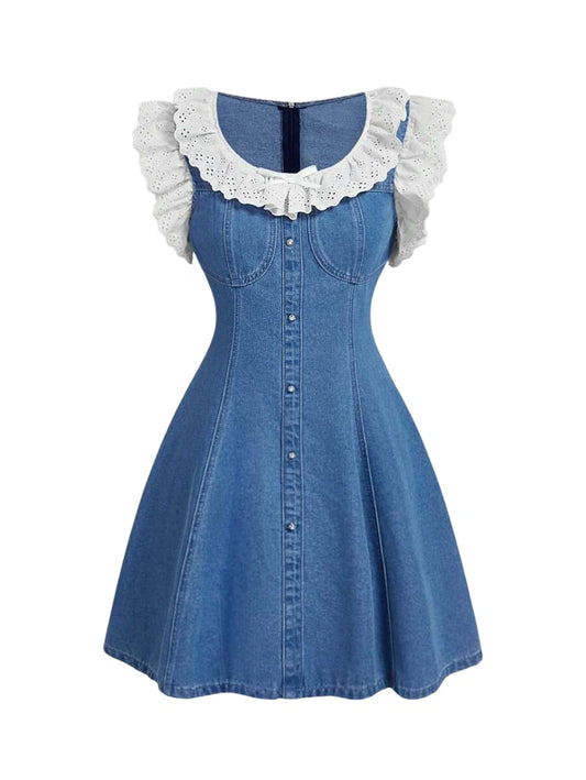 Womens Casual Fitted Short Denim Dress With Lace Patchwork Sleeveless