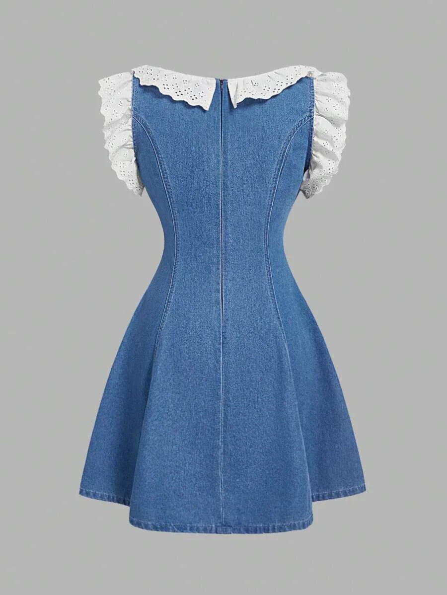 Womens Casual Fitted Short Denim Dress With Lace Patchwork Sleeveless